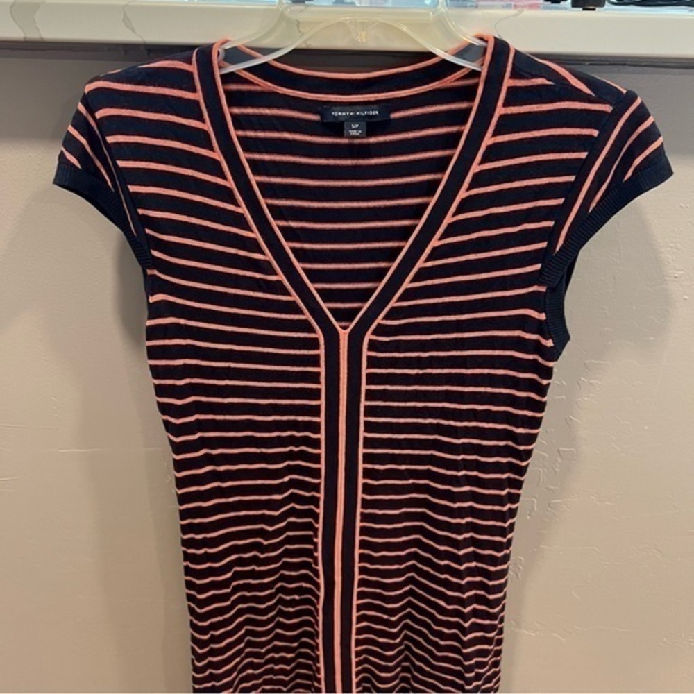 Tommy Hilfiger Striped Thin Sweater Knit Dress Navy & Coral Pink Size S EUC #C73
